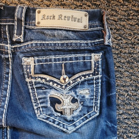 Rock Revival Fay Easy Boot Distressed Jeans Size 27 Rhinestone Pocket Bling - Picture 10 of 13